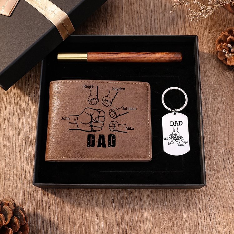 Personalised 5 Names Fist Bump Gift Set Custom Wallet & Keychain & Pen Gift Box Set Father’s Day Gift