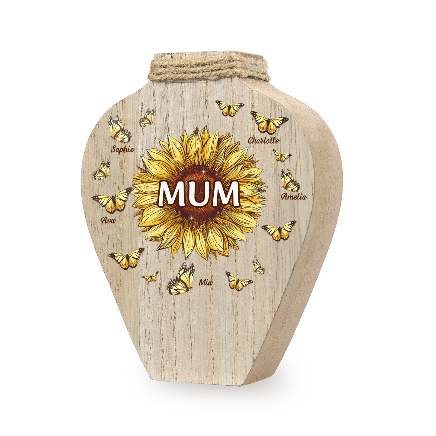 5 Names - Personalized Custom Text and Name Butterfly Style Wooden Decorative Vase as a Gift for Mum