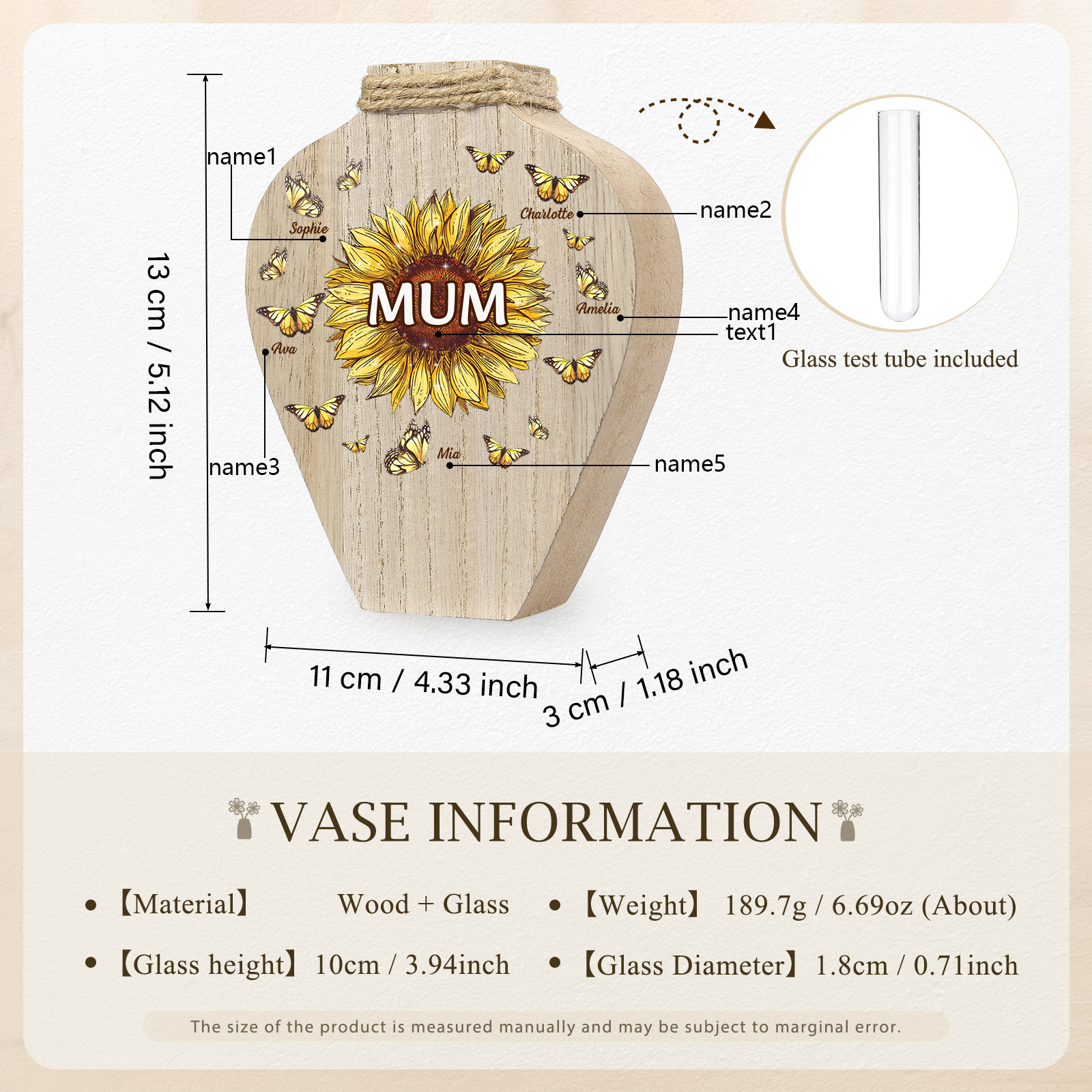 5 Names - Personalized Custom Text and Name Butterfly Style Wooden Decorative Vase as a Gift for Mum