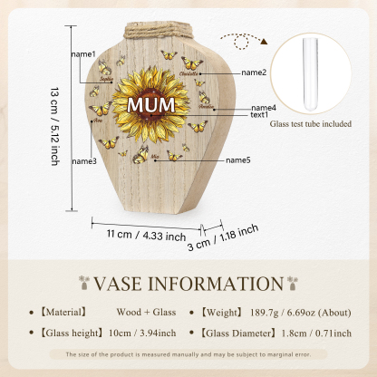 5 Names - Personalized Custom Text and Name Butterfly Style Wooden Decorative Vase as a Gift for Mum