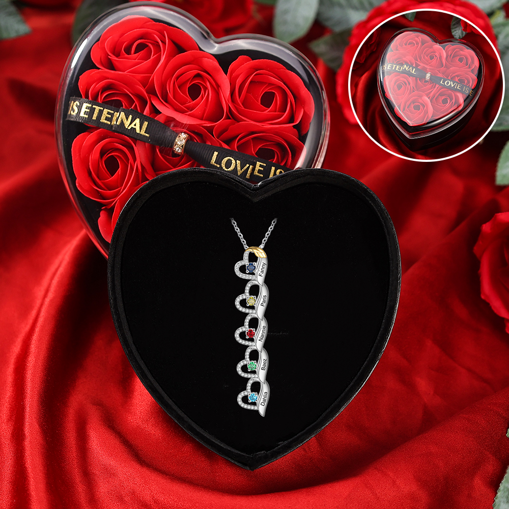 Personalised Heart Necklace Gift Set, Customized 5 Names and 5 Birthstones Women's Pendant Necklace Gift | Jessemade