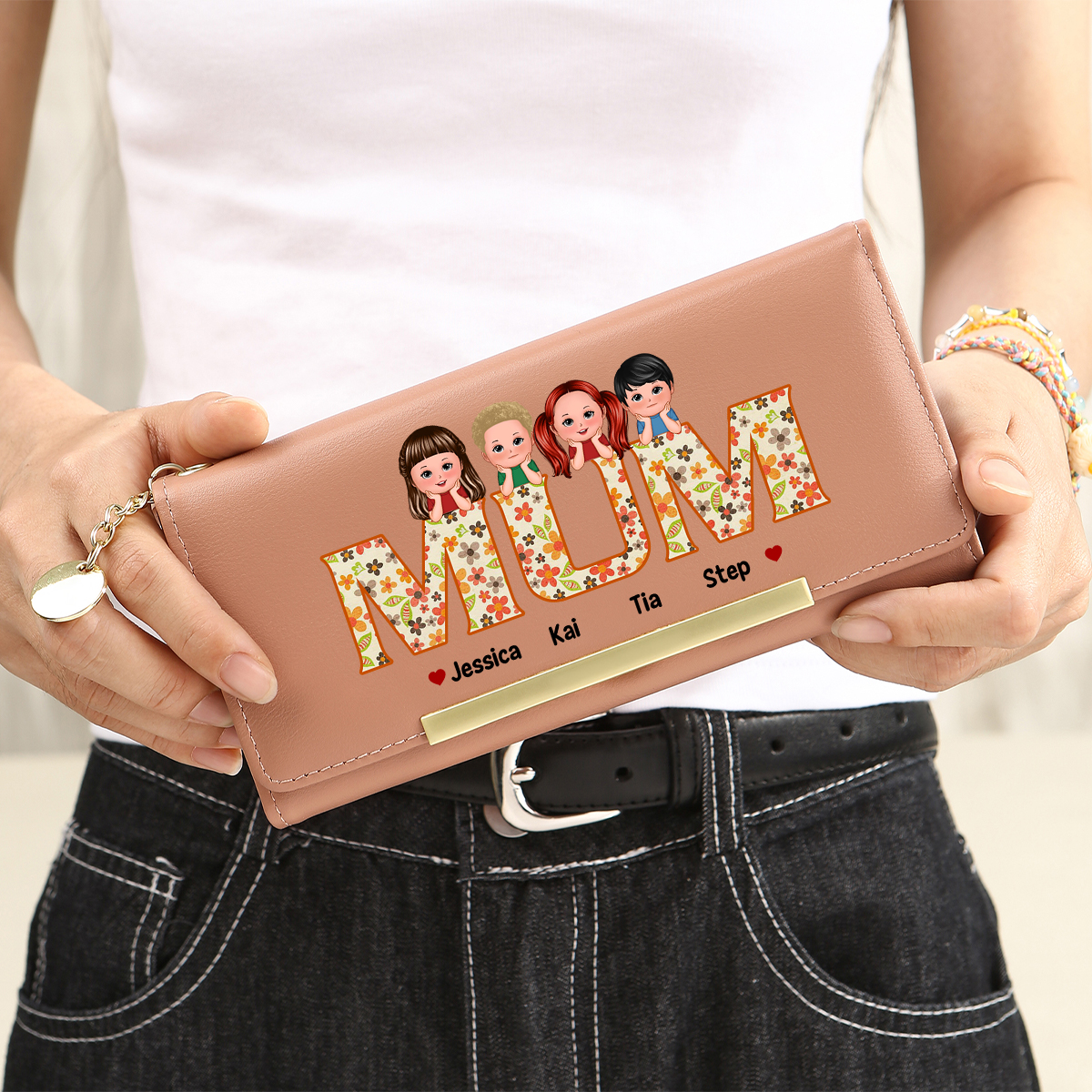 Personalised Special Women Leather Wallet Purse With Custom Kids Names – Mother's Day Presents For Mum | Jessemade