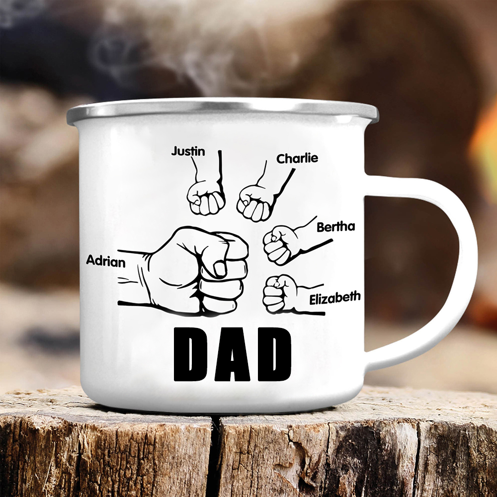 5 Names-Personalised Enamel Mug for Dad – Custom Names Fist Bump Design | Jessemade