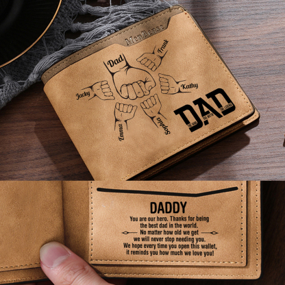 6 Names - Personalised Fist Bump Pattern Custom Name Leather Men's Wallet as a Father's Day Gift for Dad