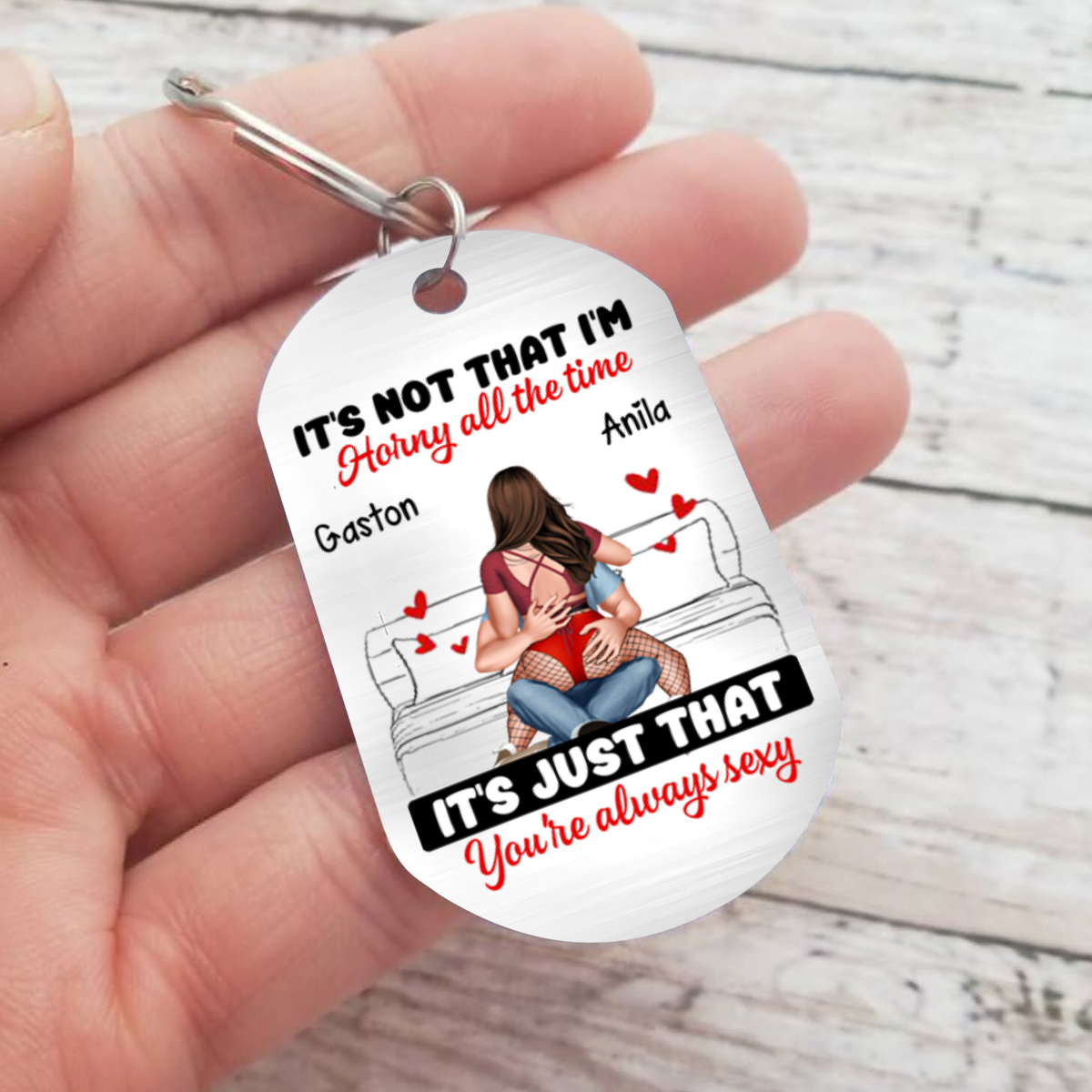 Personalised Double-Sided Keyring with 2 Names & Characters - "It’s Not That I’m Horny All the Time, It’s Just That You’re Always Sexy" Design, Valentine’s Day Gift for Couple | Jessemade
