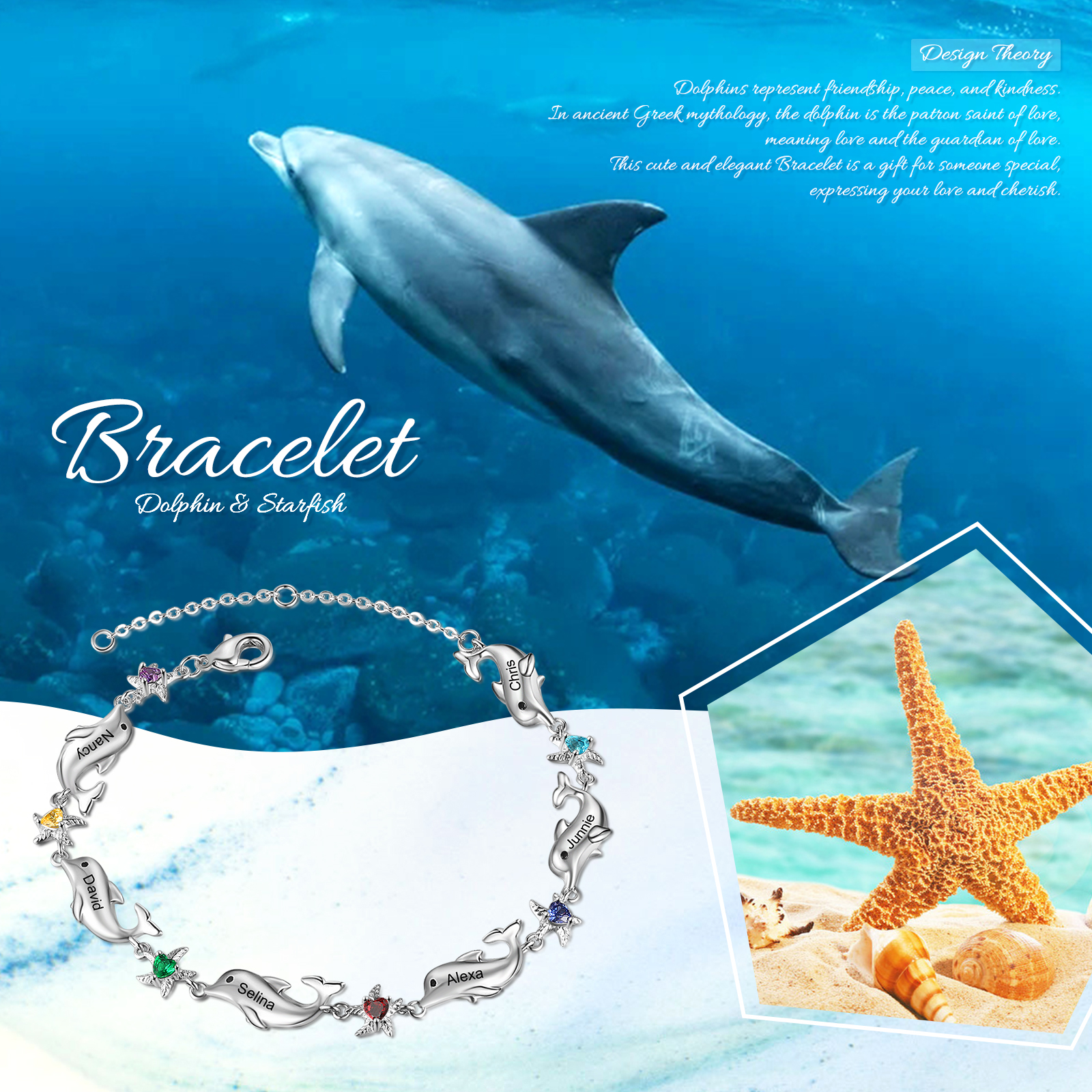 Animal Bracelet Personalized Dolphin Bracelet With 6 Birthstones Engraved Names Starfish Charm Gifts For Her