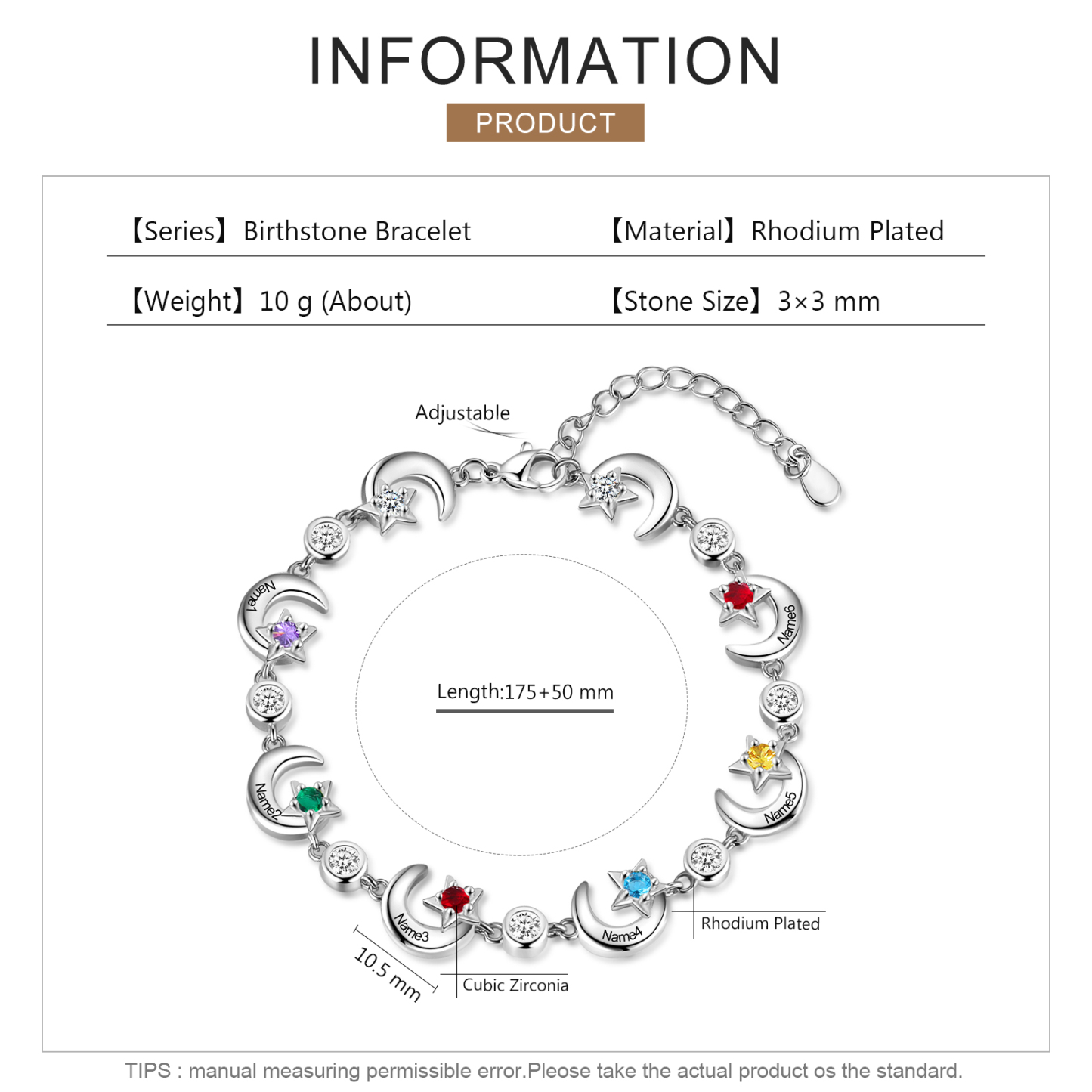6 Names-Personalised Moons And Stars Bracelet With 6 Birthstones Custom Names Bracelet Gift For Women