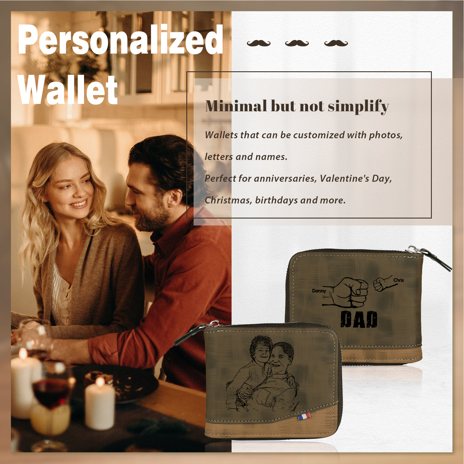 2 Names - Personalised Photo Custom Leather Men's Zipper Wallet as a Father's Day Gift for Dad