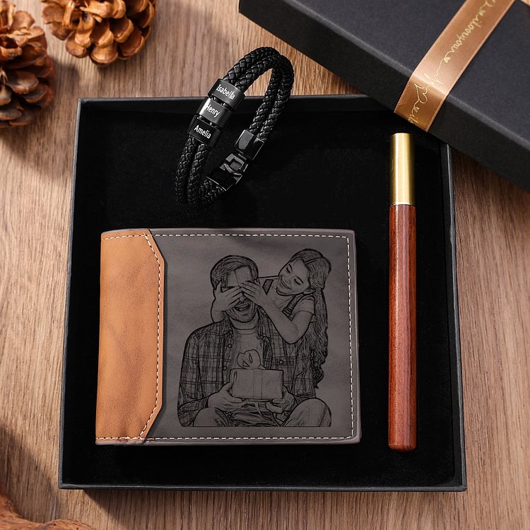 Personalised 1 Photo & 1 Letter & 4 Names Gift Set Custom Wallet & Bracelet & Pen Gift Box Set Father’s Day Gifts