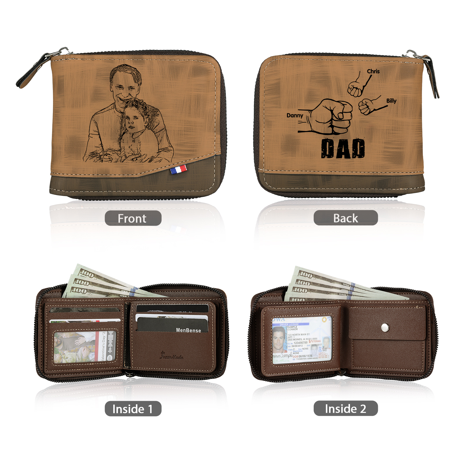 3 Names - Personalised Photo Custom Leather Men's Zipper Wallet as a Father's Day Gift for Dad