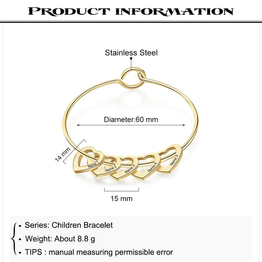 Personalised 5 Names Kids Bracelet Custom Engraved Heart Shaped Charm Bracelet - Christmas Gift for Mum/nan
