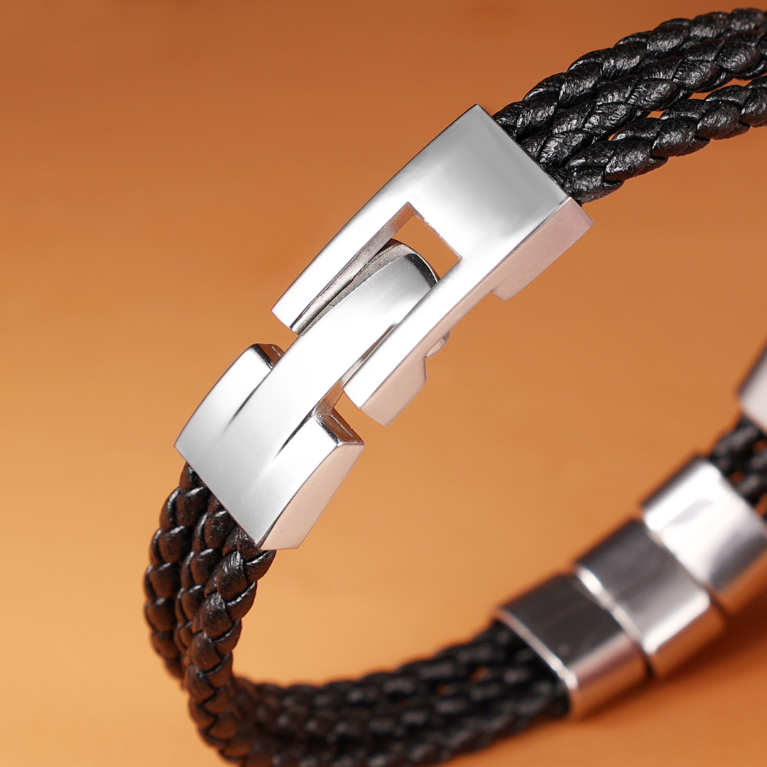 Personalised Braided Leather Bracelet Engraved 5 Names Men's Bracelet Gifts For Him