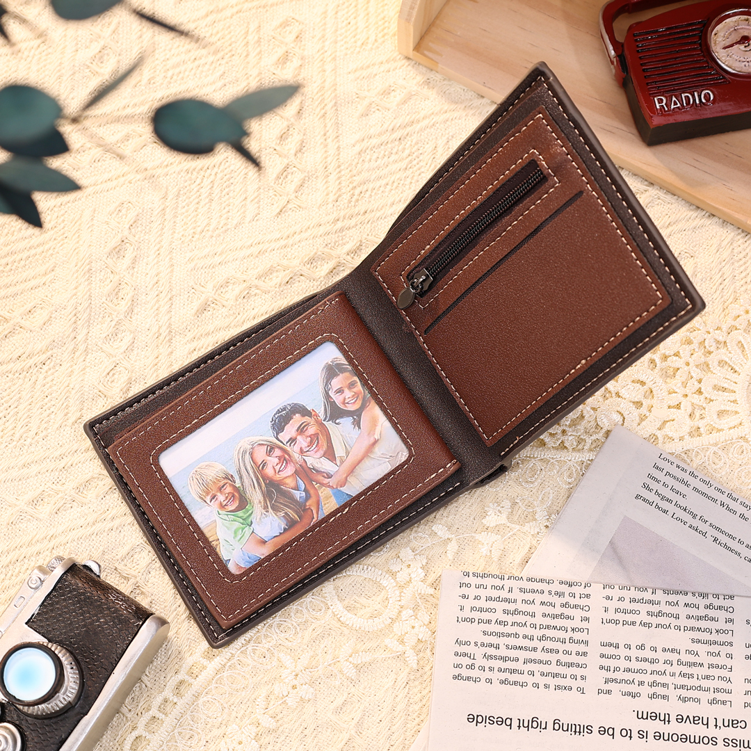 2 Names-Personalised Doll Customized Leather Men's Wallet Customized Name Folding Grey Wallet for Dad