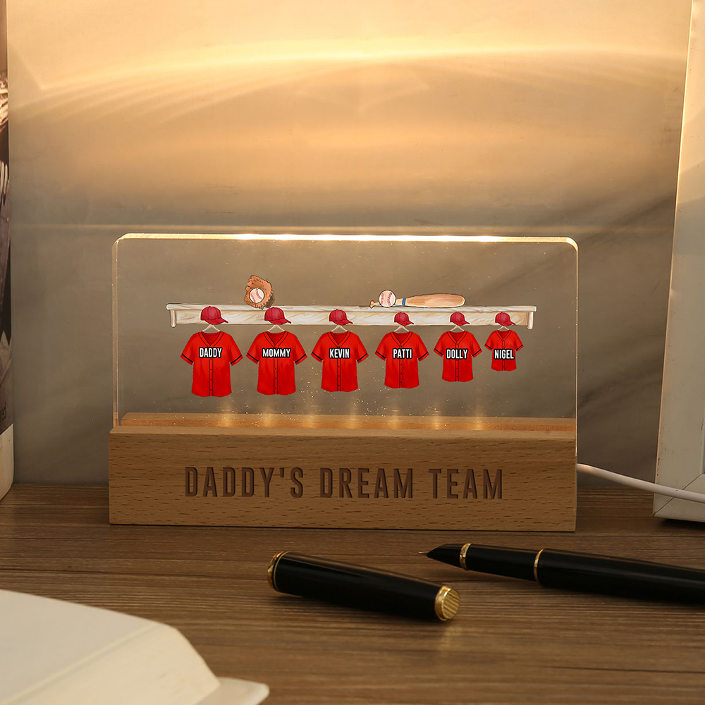 6 Names - Personalised Baseball Jersey Desk Lamp - Dad's Dream Team - Father's Day Gift for Dad