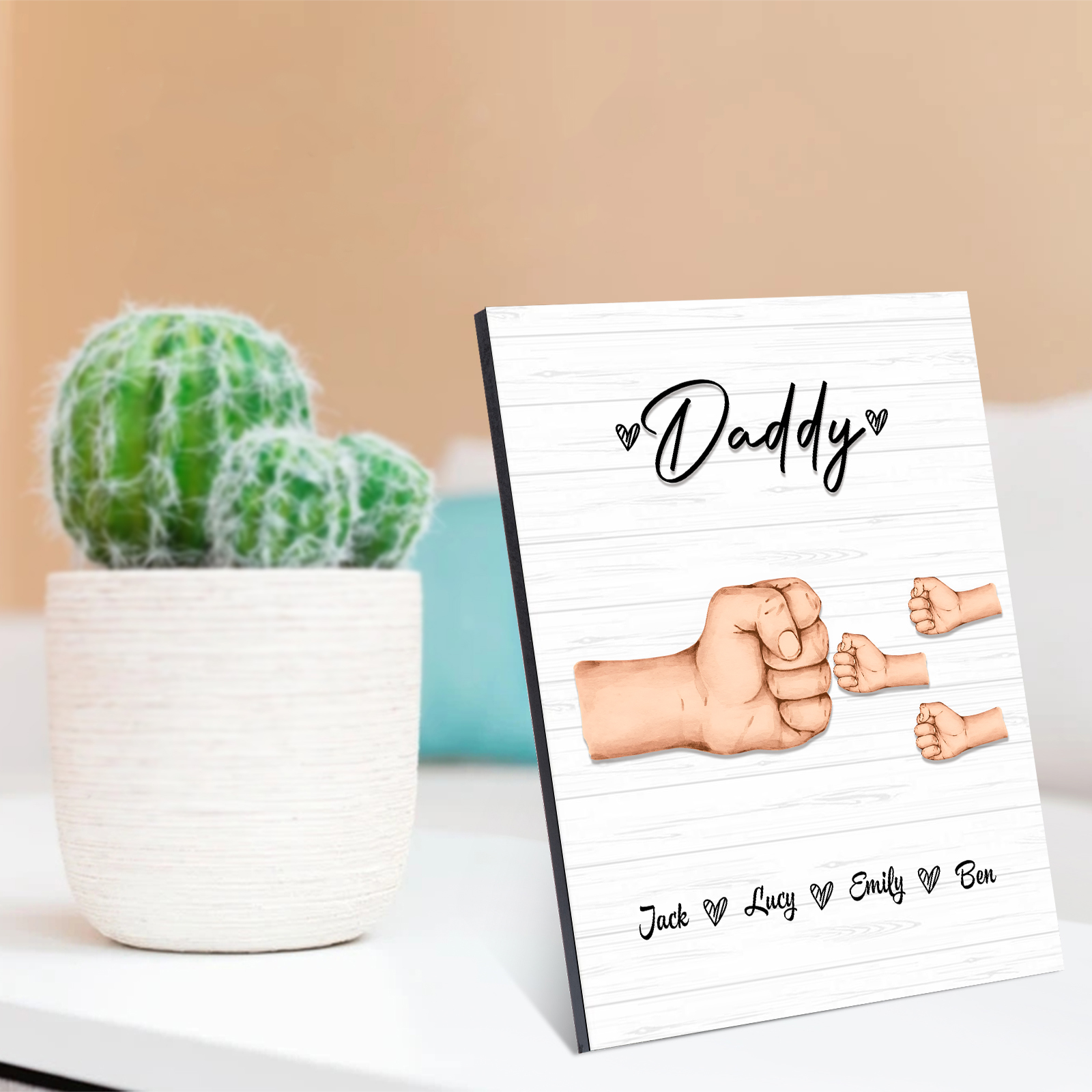 4 Names - Personalised Wooden Ornament Fist Bump Style Engraved Name and Text Ornament for Dad