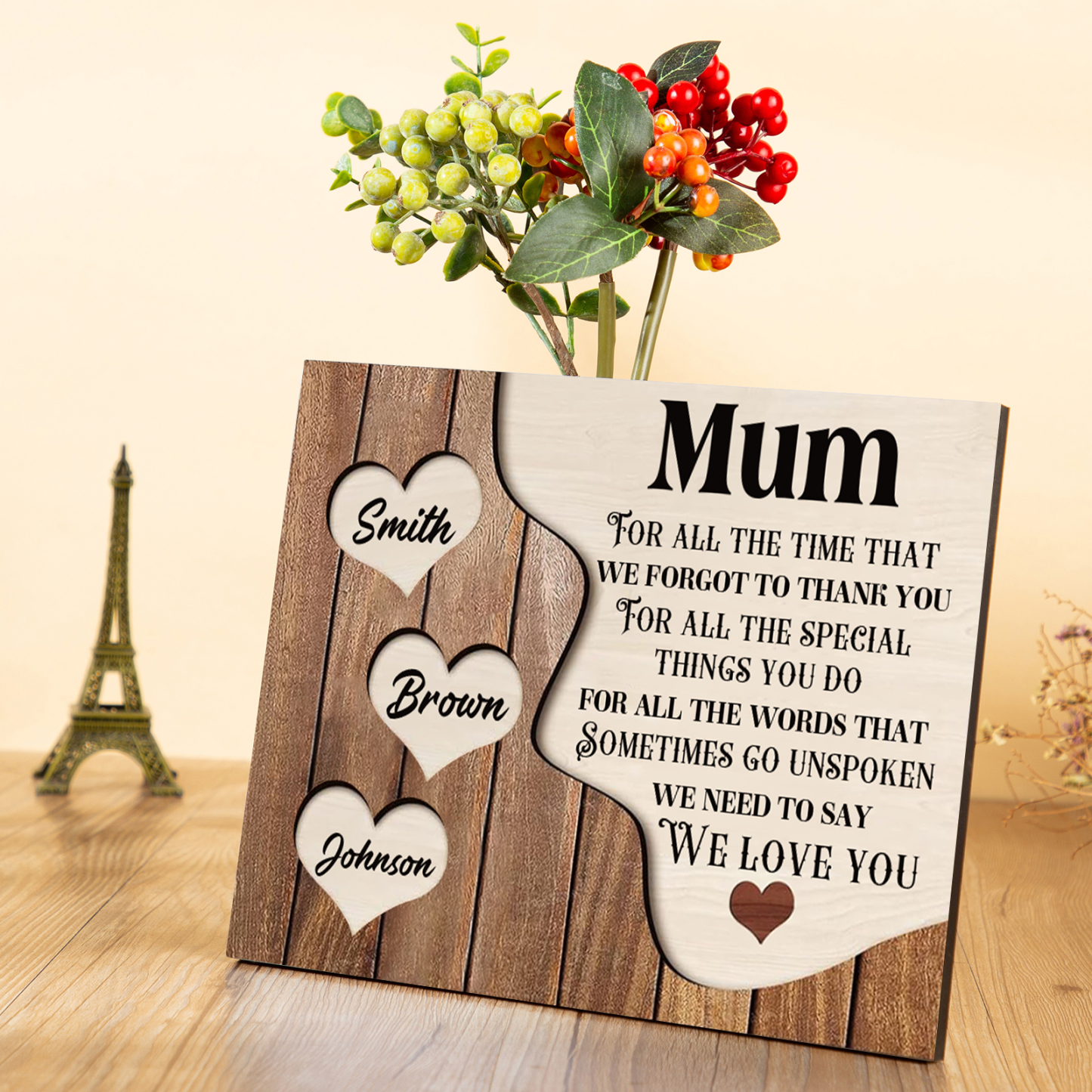 3 Names-Personalised Mum Wooden Frame Custom Names Home Decoration  - Mother's Day Gifts for Mum