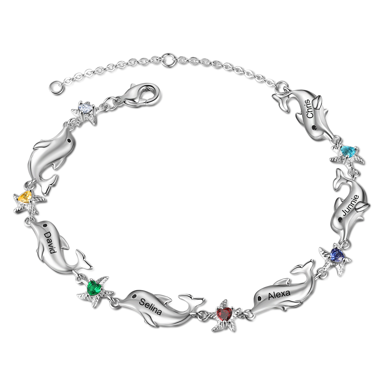 Animal Bracelet Personalized Dolphin Bracelet With 5 Birthstones Engraved Names Starfish Charm Gifts For Her