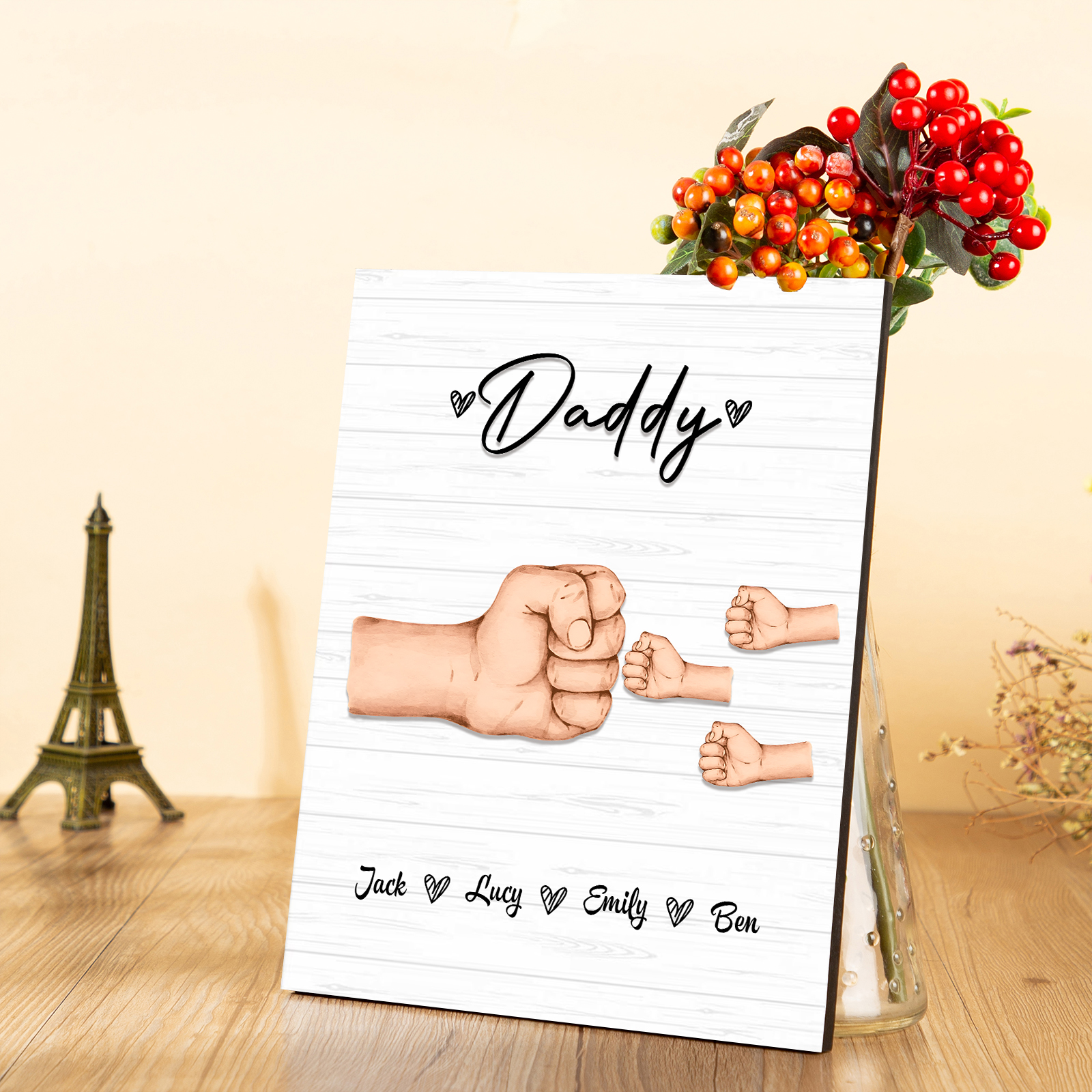 4 Names - Personalised Wooden Ornament Fist Bump Style Engraved Name and Text Ornament for Dad