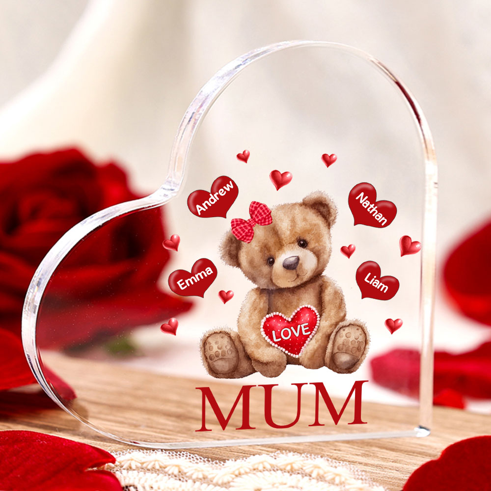 4 Names-Personalised Mum Acrylic Heart Keepsake Custom Text Love Teddy Bear Ornaments Gifts Set With Gift Box for Grandma/Mother