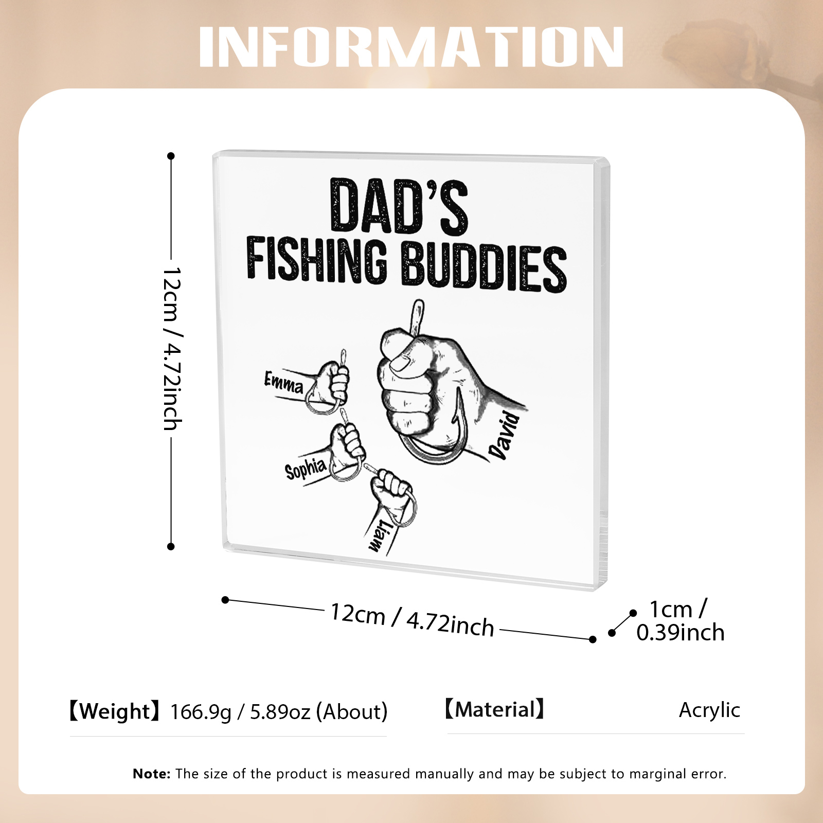 4 Names - Personalised Fishhook Fist Bump Pattern Family Acrylic Keepsake Customized Name Acrylic Home Decor Gift for Dad