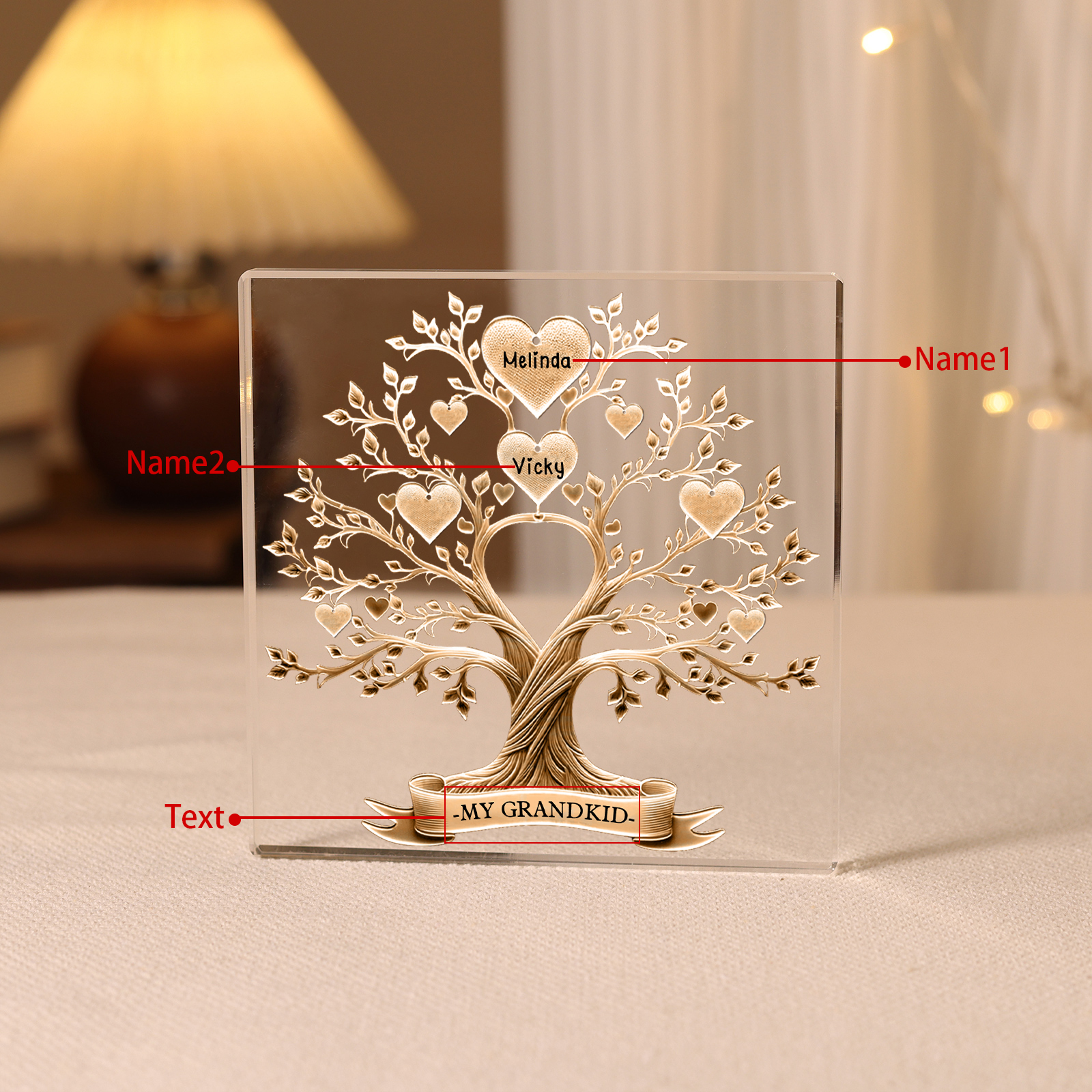 2 Names-Personalised Family Tree Acrylic Keepsake-Custom Text and Names-Acrylic Plaque Home Decoration Gift for Family/Dad/Grandad