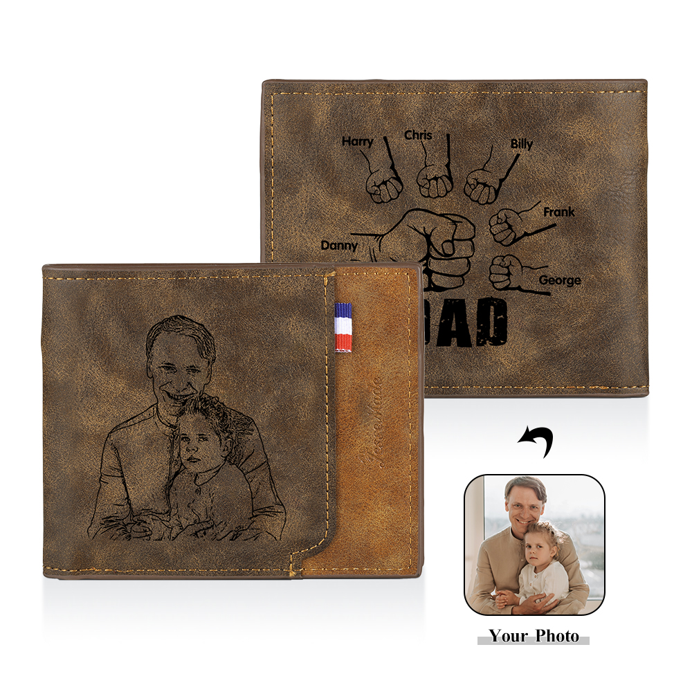 6 Names - Personalised Fist Bump Photo Custom Leather Men's  Wallet as a Father's Day Gift for Dad