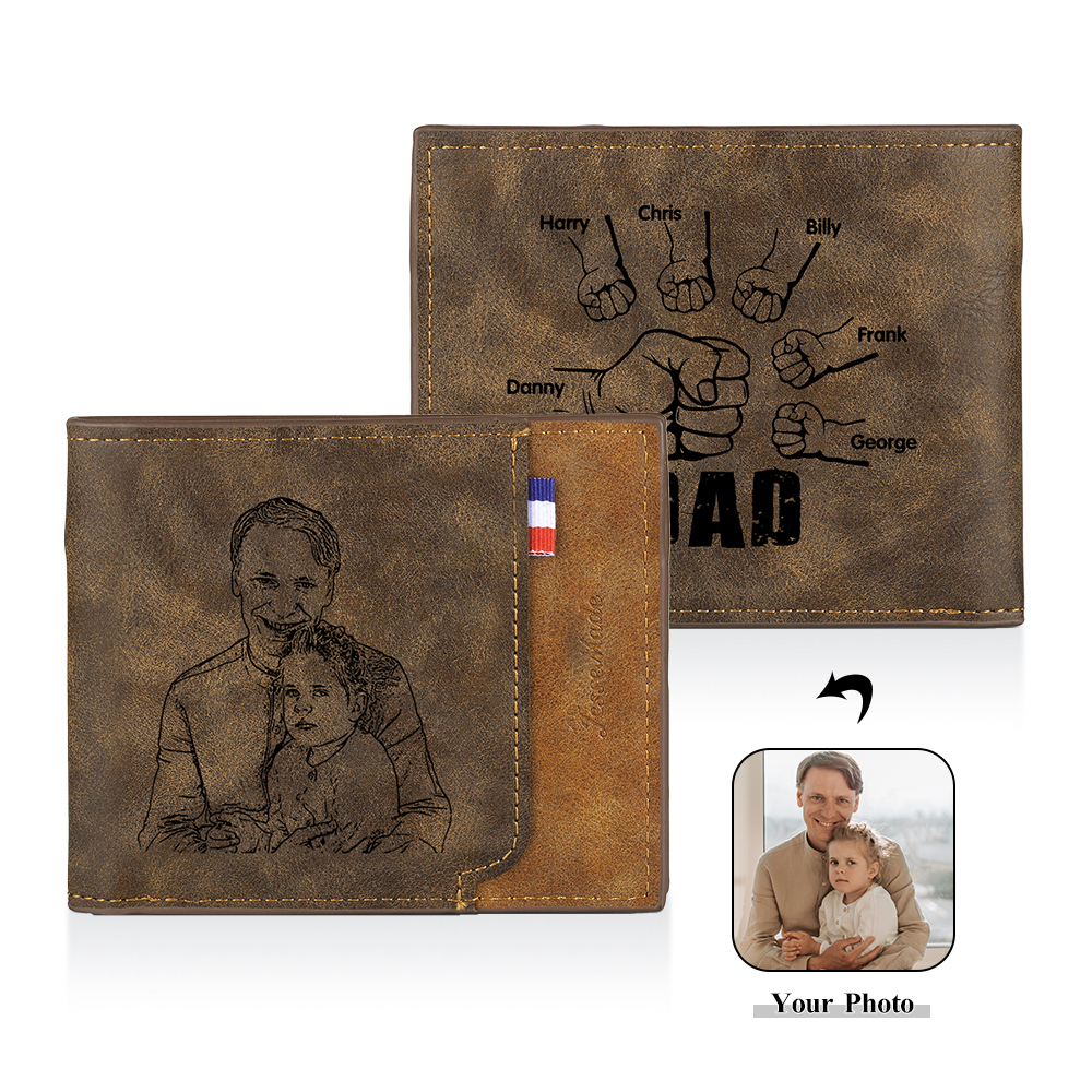6 Names - Personalised Fist Bump Photo Custom Leather Men's  Wallet as a Father's Day Gift for Dad