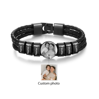 Personalized Braided Leather Bracelet Engraved with 6 Names and Customized 1 Photo Men's Bracelet for Dad