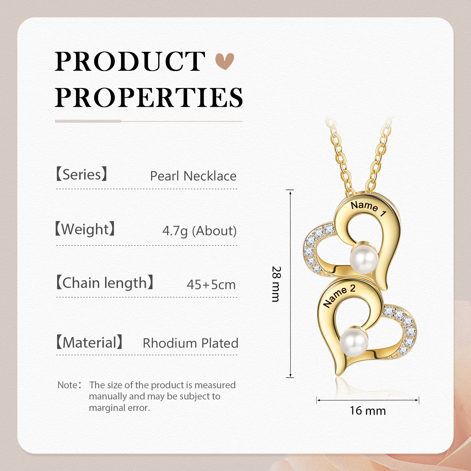 2 Names-Custom Women Pearl Heart Necklace, Personalised 1-6 Names Necklace for Her