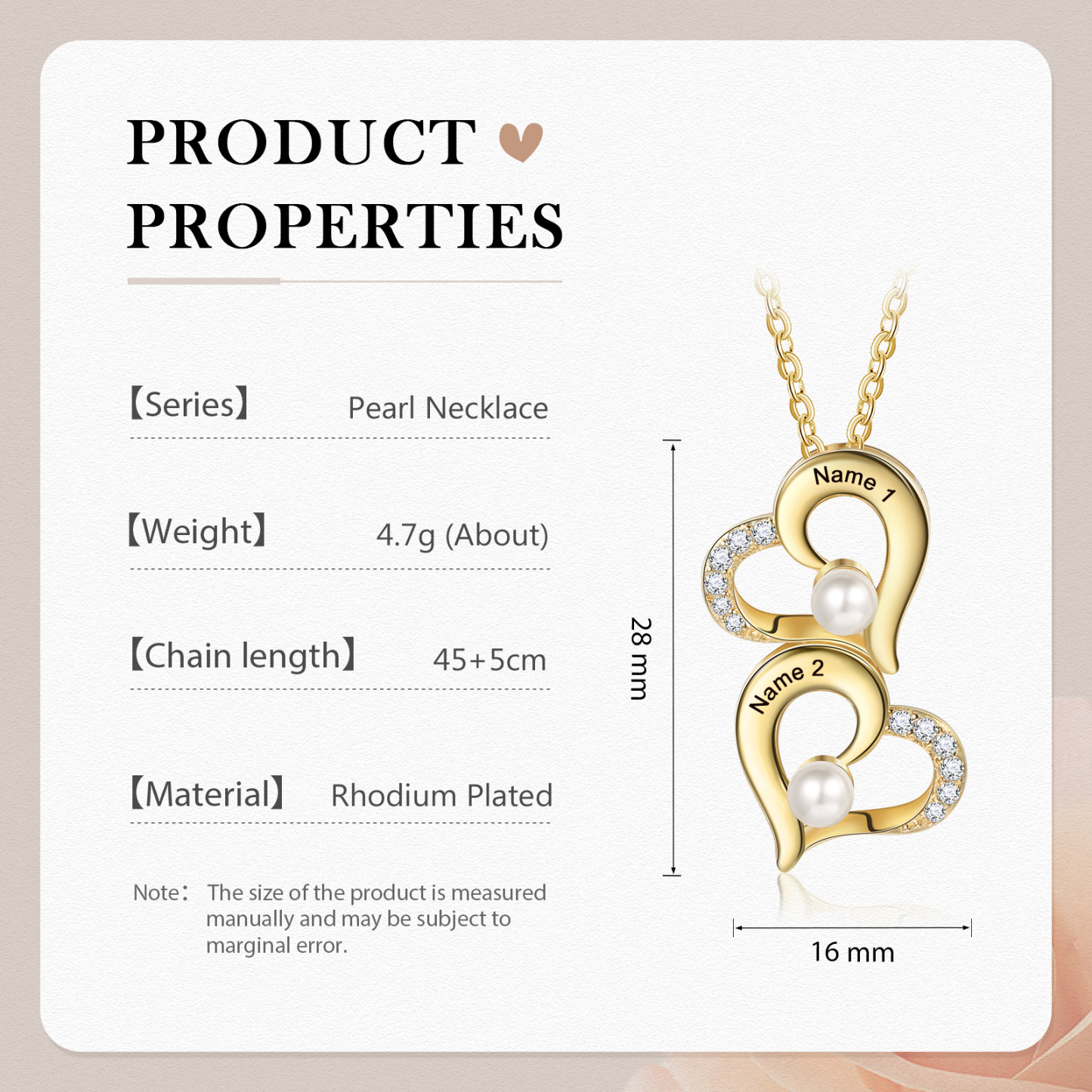 2 Names-Custom Women Pearl Heart Necklace, Personalised 1-6 Names Necklace for Her