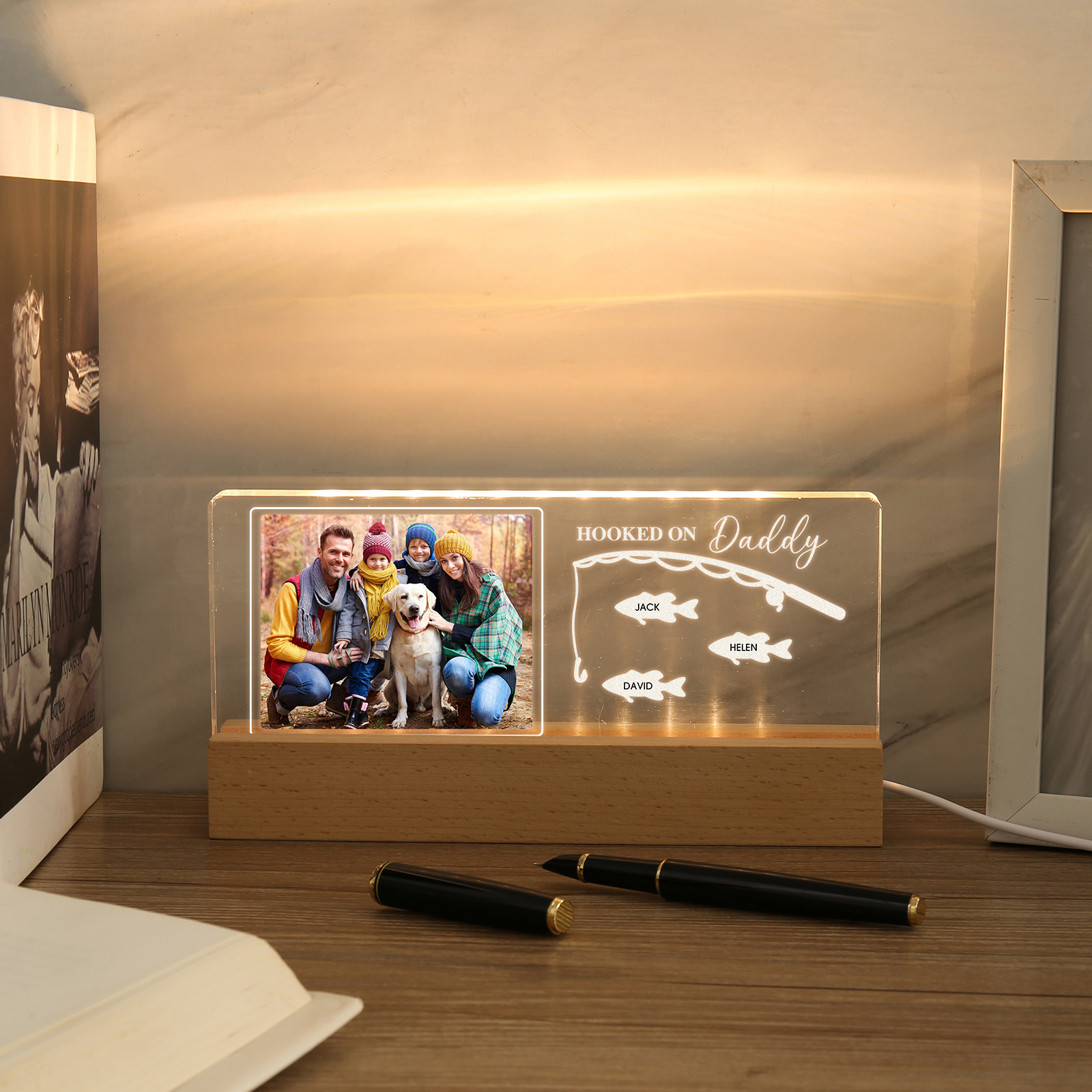 3 Names - Personalised Photo Fishing Pattern Desk Lamp Father's Day Gift For Dad