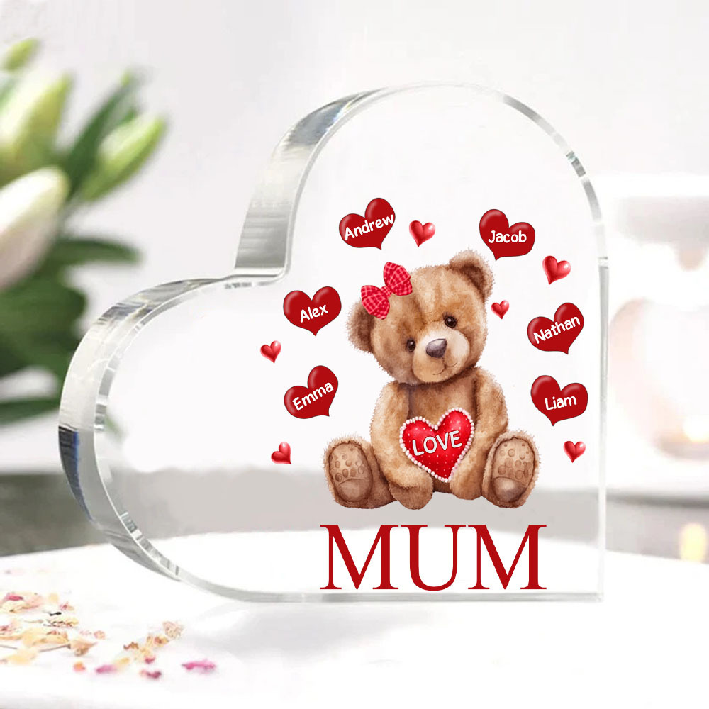 6 Names-Personalised Mum Acrylic Heart Keepsake Custom Text Love Teddy Bear Ornaments Gifts Set With Gift Box for Grandma/Mother