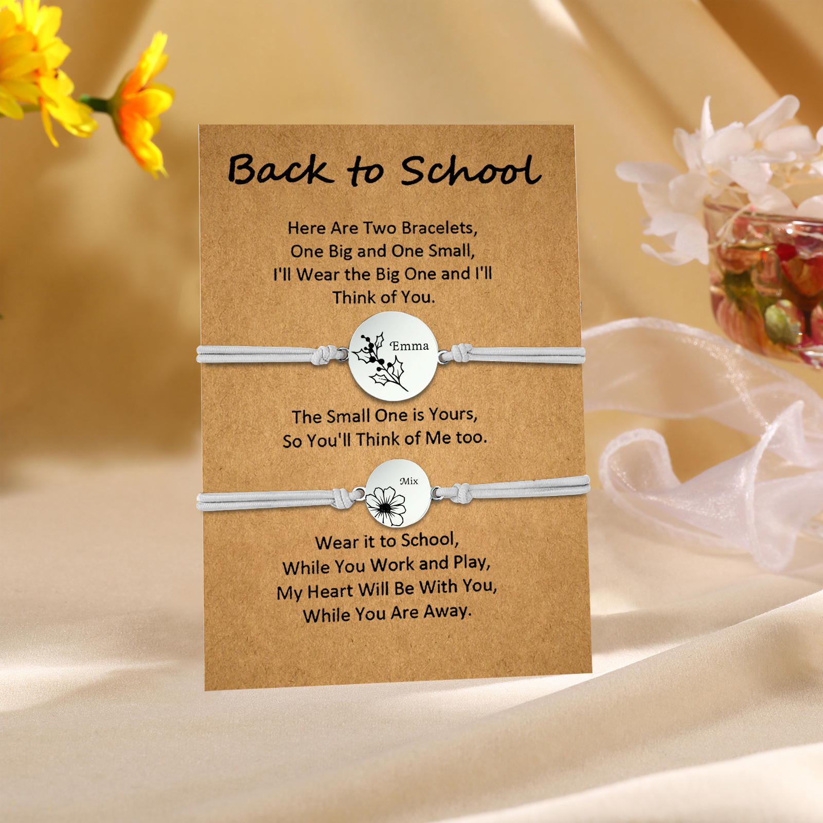 2 PCS Personalized 2 Birthflowers & 2 Names Elastic Stainless Steel Bracelet Back to School Gift for Daughter
