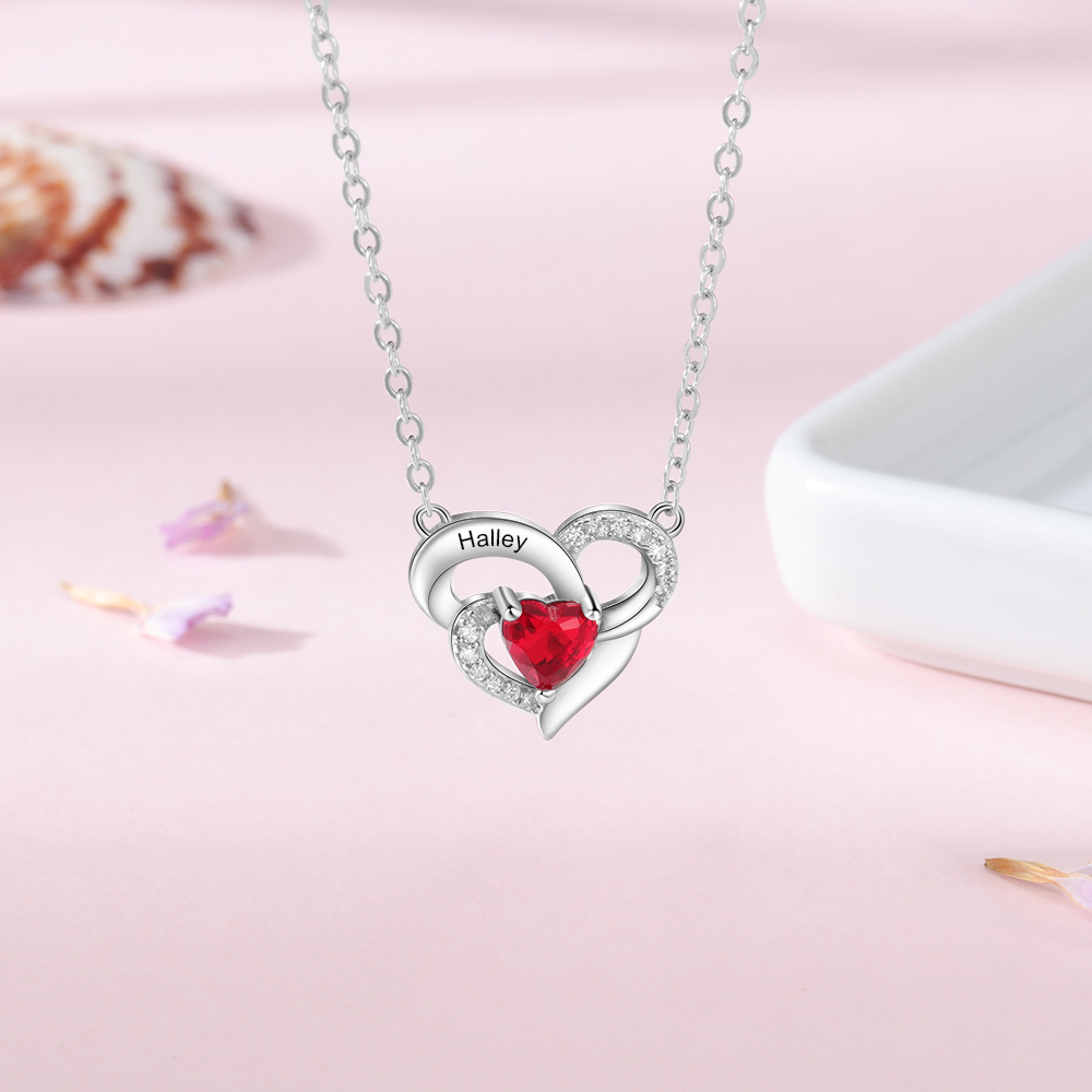 Personalised S925 Silver Women Heart Necklace With 1 Birthstone Engraved Names Gift For Women