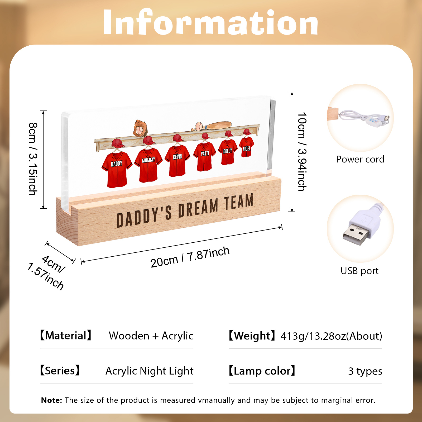 6 Names - Personalised Baseball Jersey Desk Lamp - Dad's Dream Team - Father's Day Gift for Dad