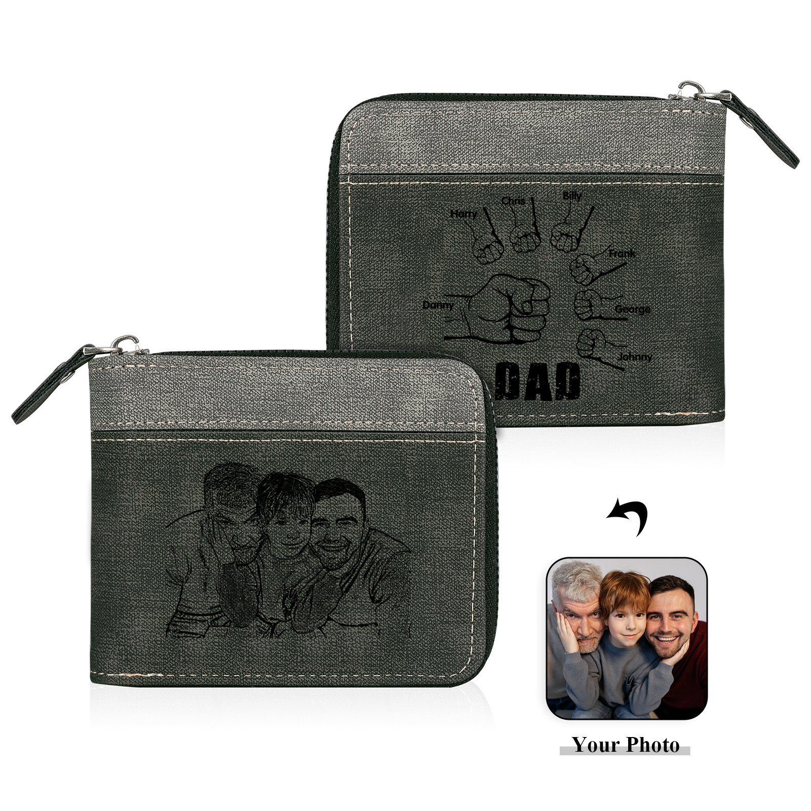 7 Names - Personalised Fist Bump Photo Custom Leather Men's Zipper Wallet as a Father's Day Gift for Dad
