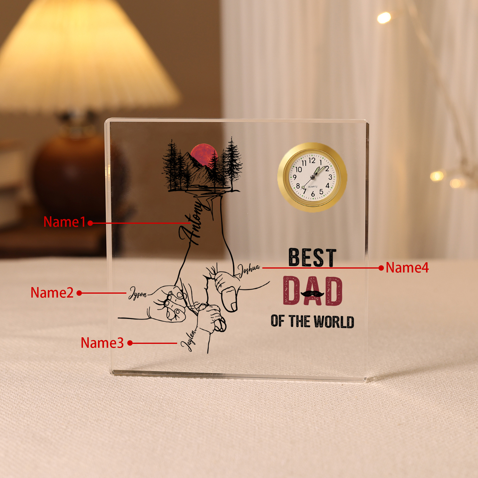 4 Names - Personalised Holding Hands Pattern Acrylic Rectangular Clock Ornament Father's Day Gift for Dad