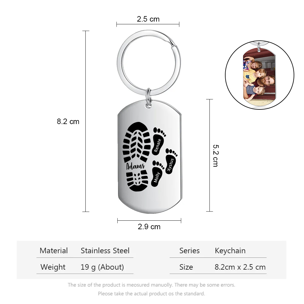 4 Names - Personalised Footprint Pattern Keyring Custom Named Father's Day Gift for Dad