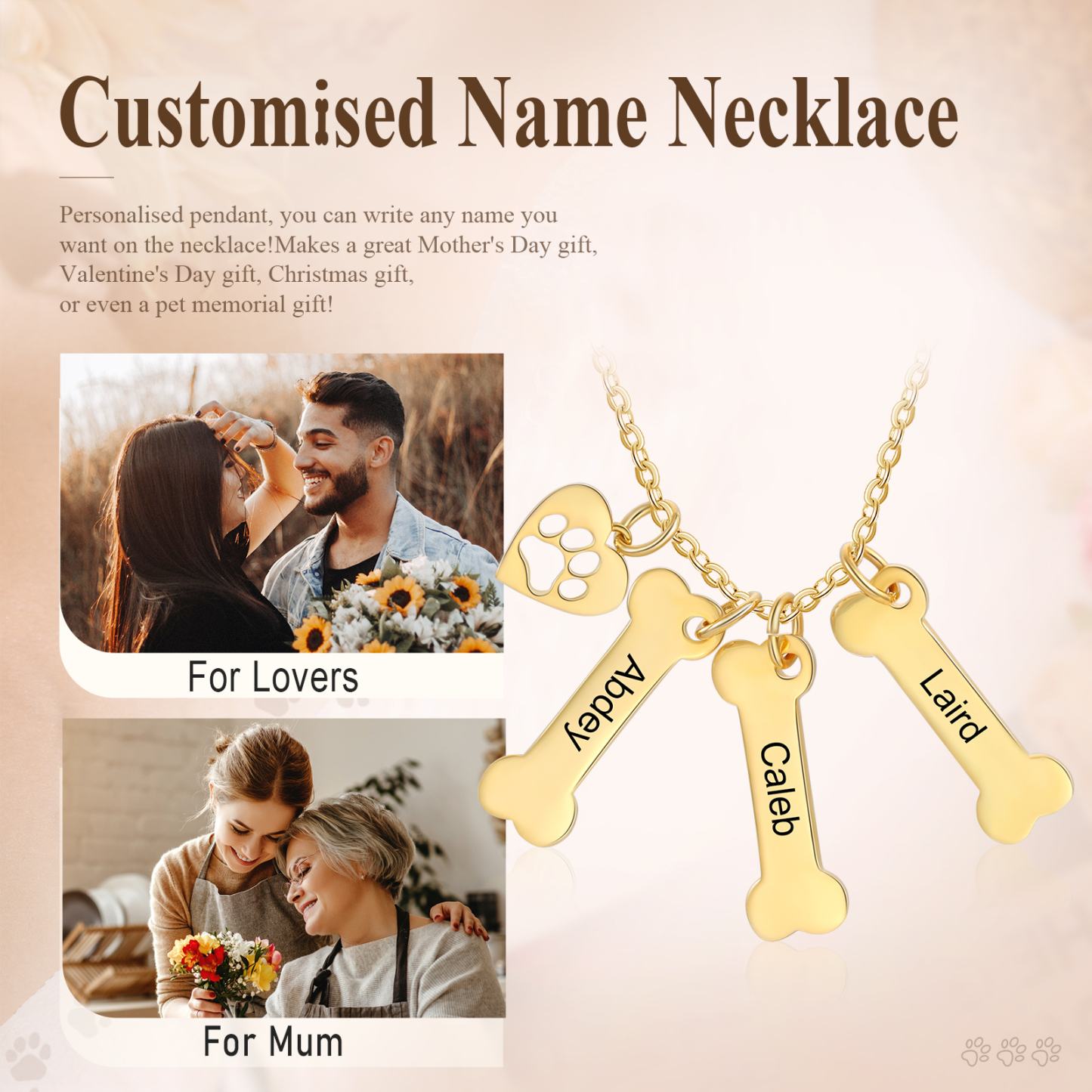 3 Names - Personalised Heart and Bones Charm Pendant Necklace, Custom Name Gift for Her