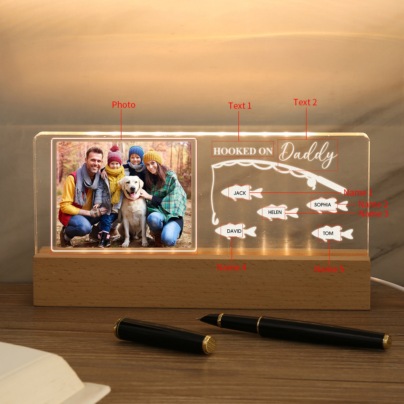 5 Names - Personalised Photo Fishing Pattern Desk Lamp Father's Day Gift For Dad