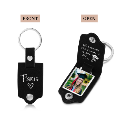 2024 Graduation Gifts - Personalised Name Flip Leather Keyring Customized Photo Keyring Gift for Her/Him