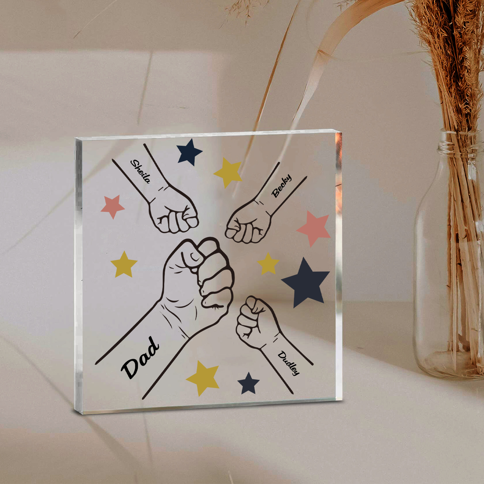 4 Names - Personalised Fist Bump Family Acrylic Keepsake Customized Name Acrylic Home Decor Gift for Dad