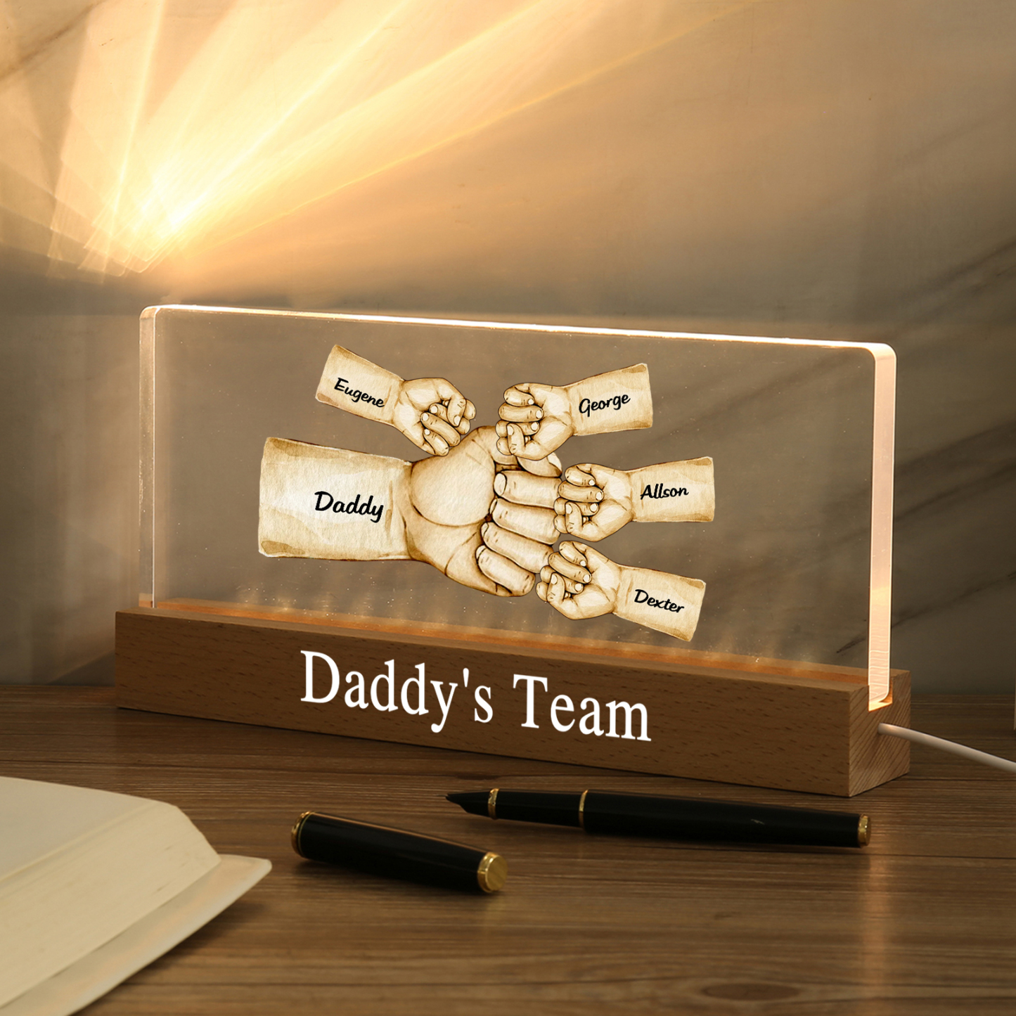 5 Names - Personalised Fist Bump Pattern Table Lamp Customized Text Father's Day Gift for Dad