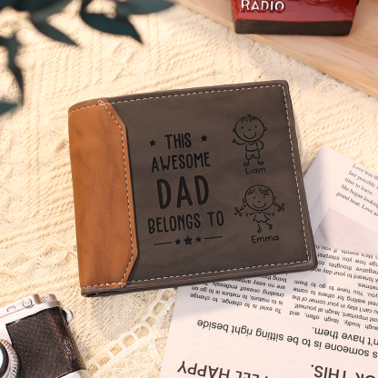 2 Names-Personalised Doll Customized Leather Men's Wallet Customized Name Folding Grey Wallet for Dad