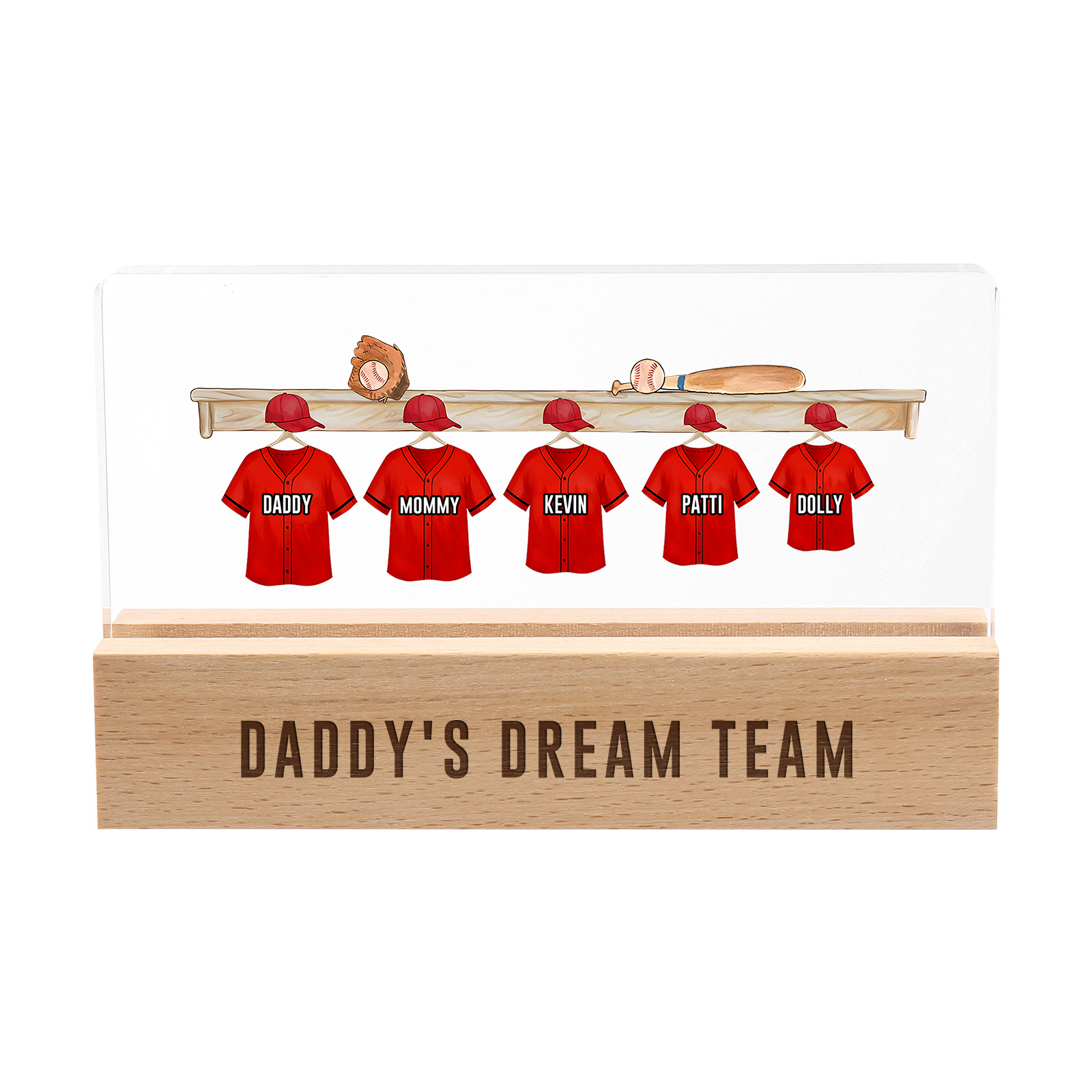 5 Names - Personalised Baseball Jersey Desk Lamp - Dad's Dream Team - Father's Day Gift for Dad