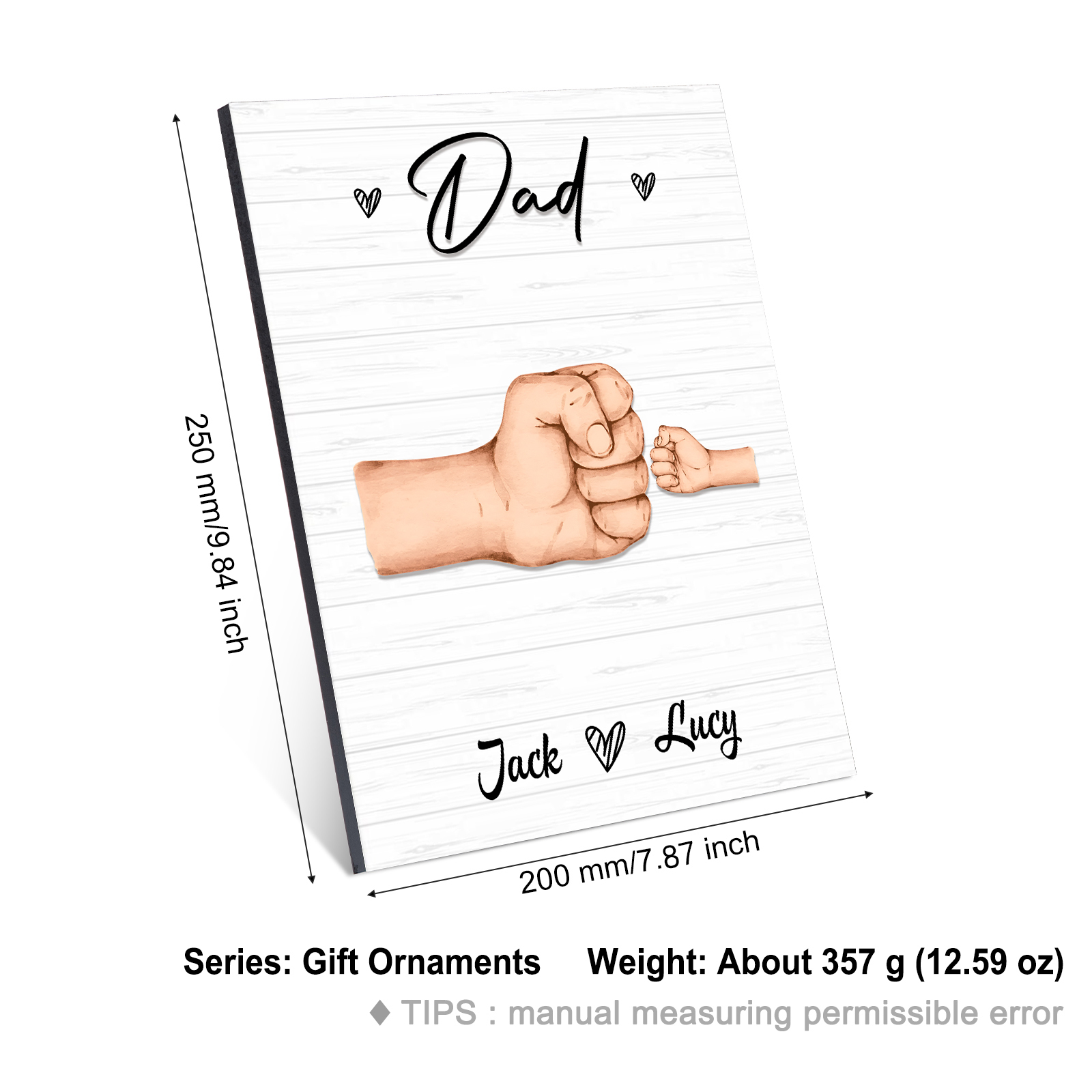 2 Names - Personalised Wooden Ornament Fist Bump Style Engraved Name and Text Ornament for Dad
