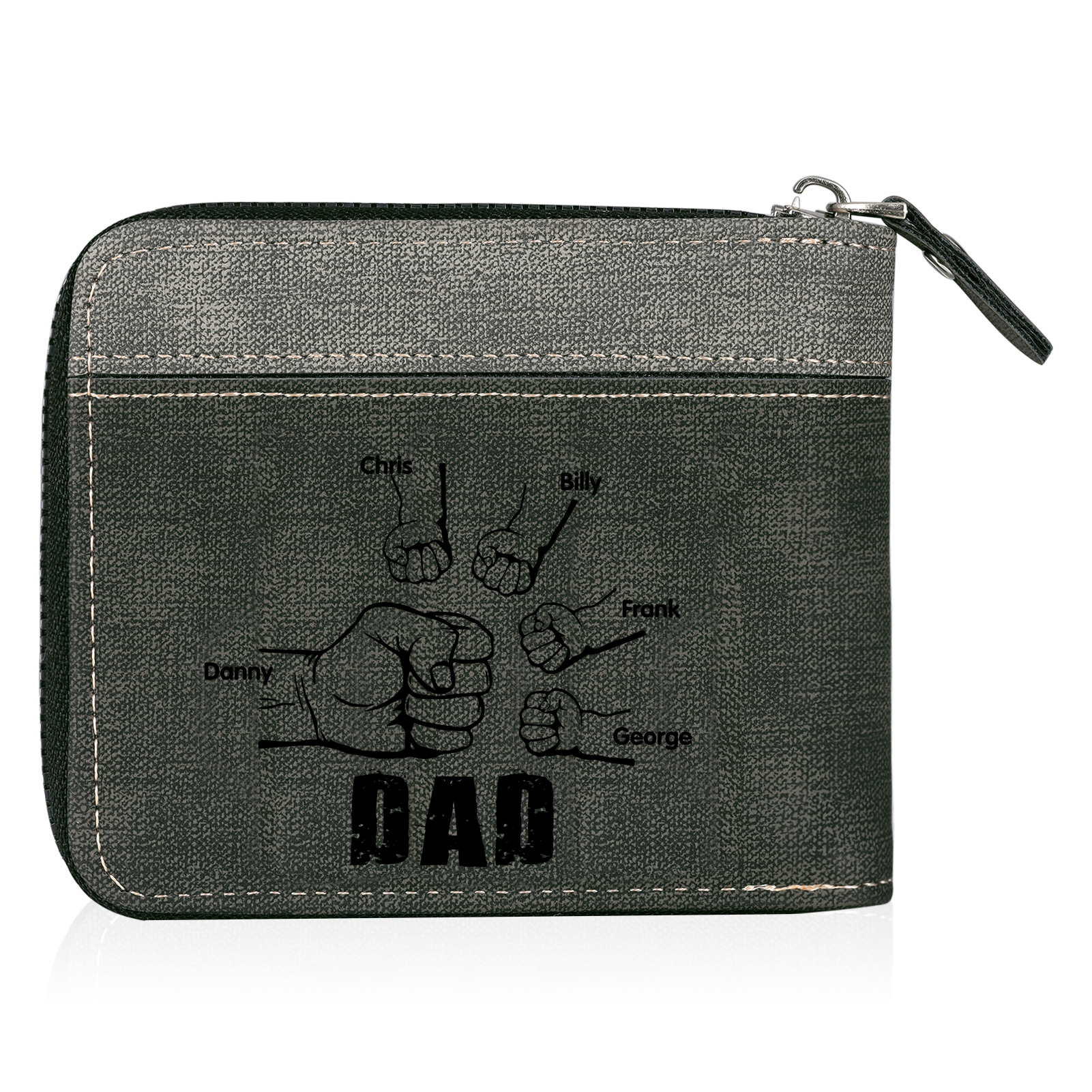 5 Names - Personalised Fist Bump Photo Custom Leather Men's Zipper Wallet as a Father's Day Gift for Dad