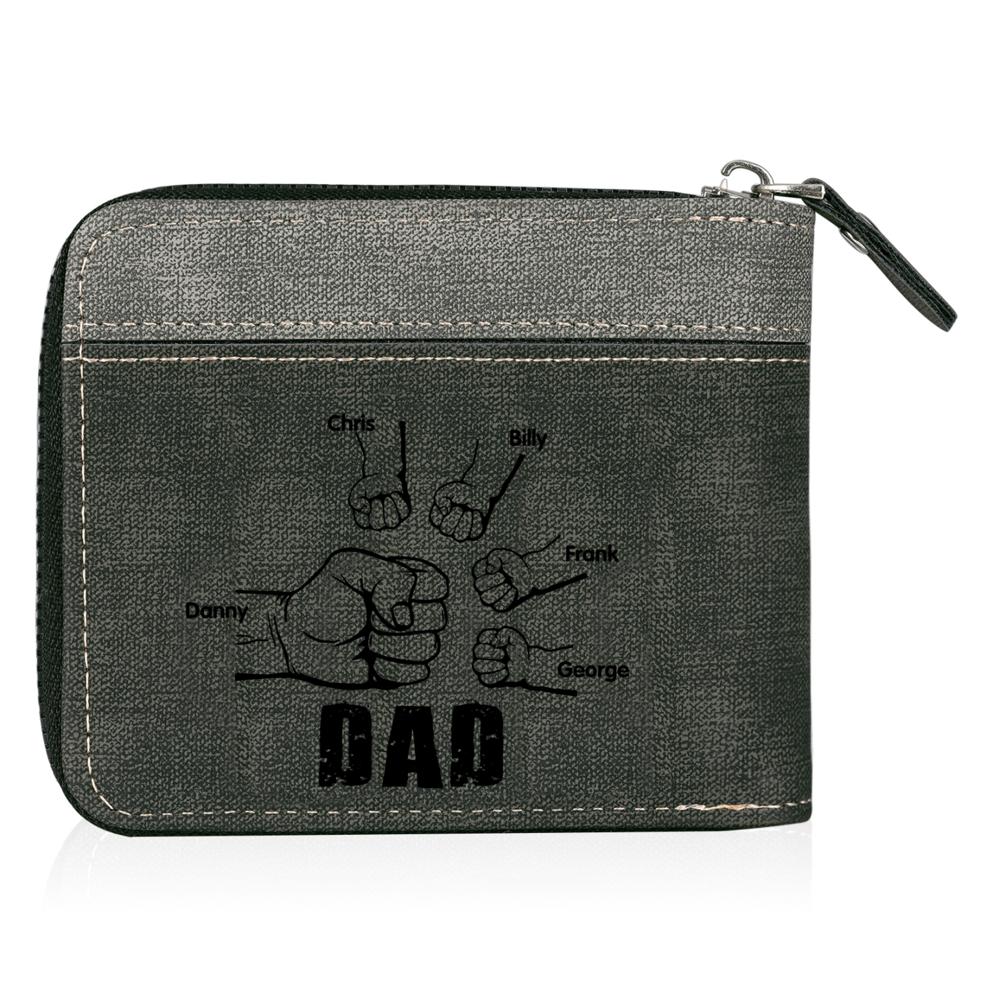 5 Names - Personalised Fist Bump Photo Custom Leather Men's Zipper Wallet as a Father's Day Gift for Dad