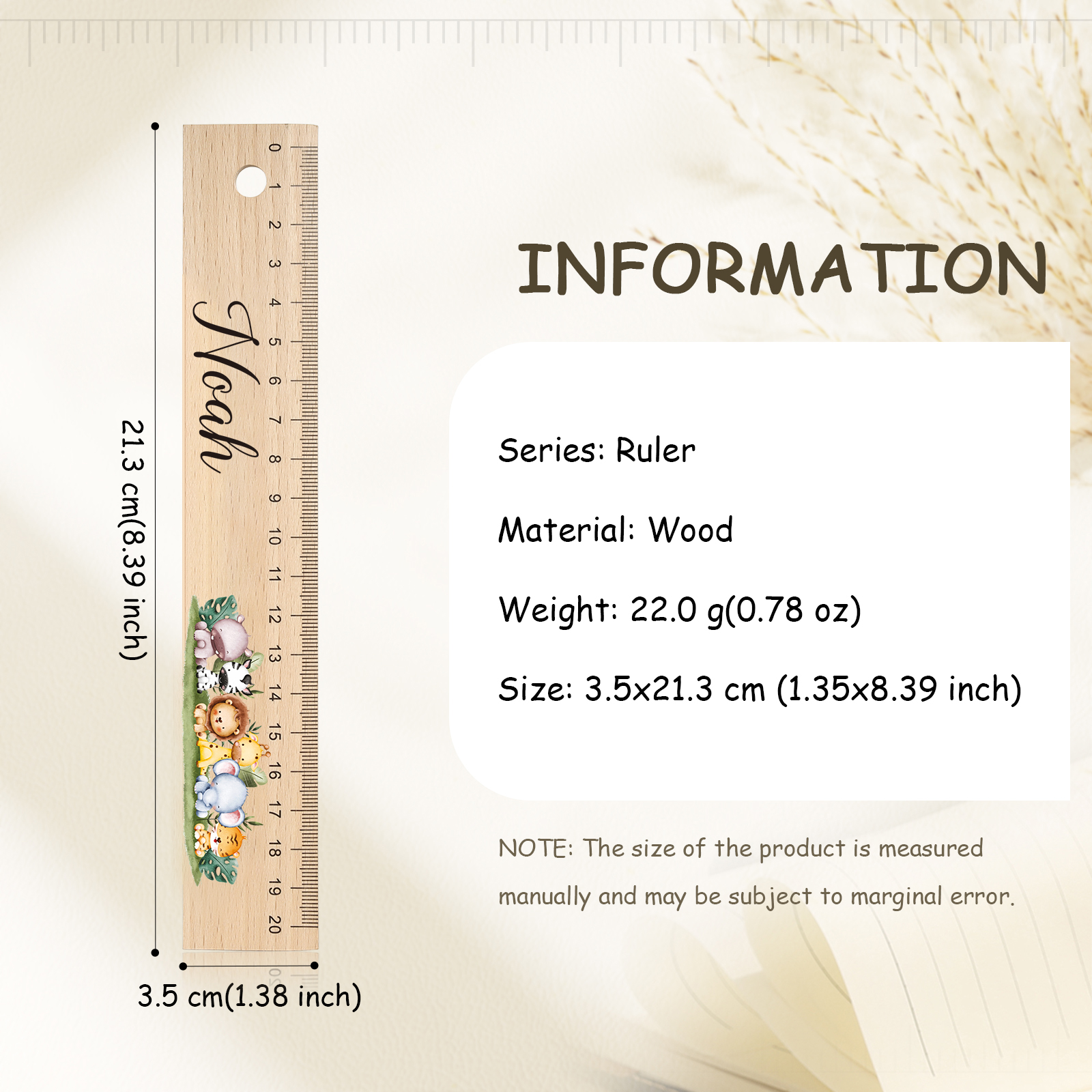 Cute Animal Personalised School Wooden Ruler With Engraved Children's Name - Back to School Suppler Gift for Kids