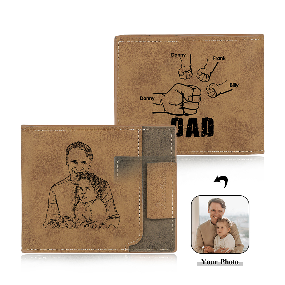 4 Names - Personalised Photo Custom Leather Men's Wallet as a Father's Day Gift for Dad
